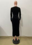 Full-Drill Velvet Square-Neck Fitted Maxi Dress QODY-6071