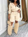 Leather Zipper Hooded Coat Two Piece Shorts Set AIL-338