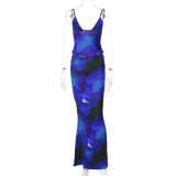 V Neck Print Sling Vest Long Skirt Two Piece Set BLG-S4416112K