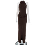 Sleeveless Solid Color Ruched Split Maxi Dress GSBW-Q25DS104