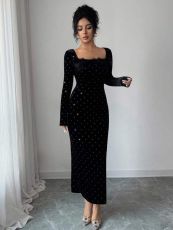 Full-Drill Velvet Square-Neck Fitted Maxi Dress QODY-6071