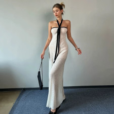 Solid Color Wrap Chest Halterneck Maxi Dress GLAG-D5920144F
