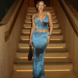 V Neck Print Sling Vest Long Skirt Two Piece Set BLG-S4416112K