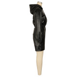 Leather Zipper Hooded Coat Two Piece Shorts Set AIL-338