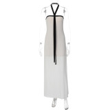Solid Color Wrap Chest Halterneck Maxi Dress GLAG-D5920144F