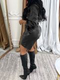 Leather Zipper Hooded Coat Two Piece Shorts Set AIL-338