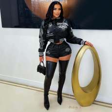 Letter Print PU Leather Coat Short 2 Piece Set YNSF-8018