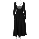 Long Sleeve Backless Cross Tie Up Maxi Dress GLAG-D5820125H