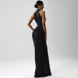 Sleeveless Solid Color Ruched Split Maxi Dress GSBW-Q25DS104