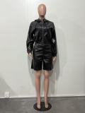 PU Leather Zipper Coats Two Piece Shorts Set OLYF-6195