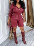 Leather Zipper Hooded Coat Two Piece Shorts Set AIL-338