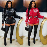 Letter Print PU Leather Coat Short 2 Piece Set YNSF-8018