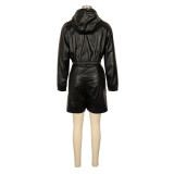 Leather Zipper Hooded Coat Two Piece Shorts Set AIL-338