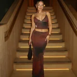 V Neck Print Sling Vest Long Skirt Two Piece Set BLG-S4416112K