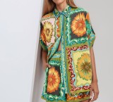 Plus Size Loose Daisy Print Two Piece Short Set GRST-28311