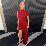 O Neck Solid Color Ruched Irregular Mini Dress BLG-D5218432K