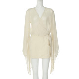 V Neck Bubble Sleeve Backless Mesh Mini Dress GLAG-D5920116G