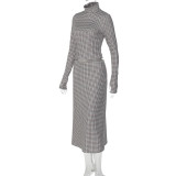 Plaid Print Long Sleeve Tops Two Piece Skirts Set GLAG-S5920249G