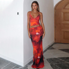 V Neck Print Sling Vest Long Skirt Two Piece Set BLG-S4416112K