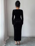 Full-Drill Velvet Square-Neck Fitted Maxi Dress QODY-6071