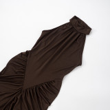 Sleeveless Solid Color Ruched Split Maxi Dress GSBW-Q25DS104