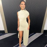 O Neck Solid Color Ruched Irregular Mini Dress BLG-D5218432K