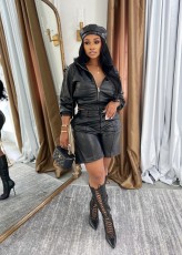 PU Leather Zipper Coats Two Piece Shorts Set OLYF-6195