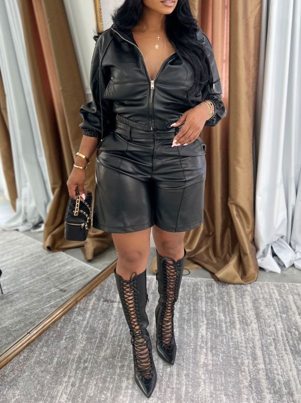 Leather Zipper Hooded Coat Two Piece Shorts Set AIL-338