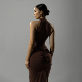 Sleeveless Solid Color Ruched Split Maxi Dress GSBW-Q25DS104