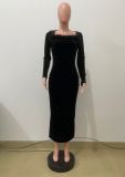 Full-Drill Velvet Square-Neck Fitted Maxi Dress QODY-6071