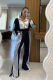 Striped Velvet Patchwork Long-Sleeve Zipper Pants Set TE-4741