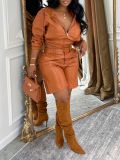 Leather Zipper Hooded Coat Two Piece Shorts Set AIL-338