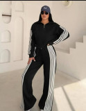 Striped Velvet Patchwork Long-Sleeve Zipper Pants Set TE-4741
