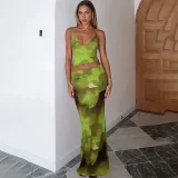 V Neck Print Sling Vest Long Skirt Two Piece Set BLG-S4416112K