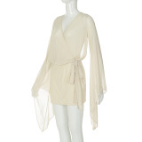 V Neck Bubble Sleeve Backless Mesh Mini Dress GLAG-D5920116G
