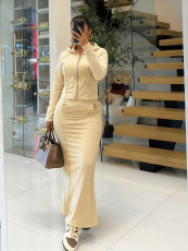 Solid Color Hooded Tops Split Long Skirt 2 Piece Set YD-8834