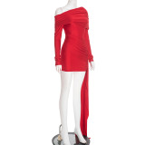 Off Shoulder Lapel Long Sleeve Ribbon Mini Dress GSBD-D25DS481