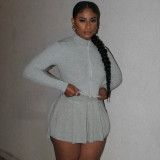 Solid Color Sport Zipper Pleated Mini Skirts 2 Piece Set GSBD-D25ST470