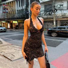 Lace Backless Halterneck Mini Dress GLAG-D5819906F