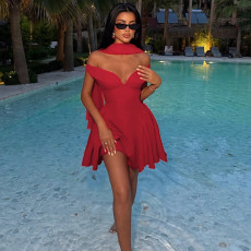 Solid Color V Neck Mini Puffy Dress GLAG-D5819932F