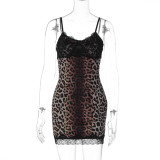 Leopard Print Lace Patchwork Sling Mini Dress GLAG-D5820001F