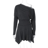 Stripe Long Sleeve T Shirt Irregular Skirt 2 Piece Set GLAG-S5920161H