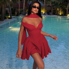 Solid Color V Neck Mini Puffy Dress GLAG-D5819932F