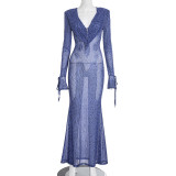 Print Flocked Mesh V Neck Maxi Dress GSBD-D25DS419