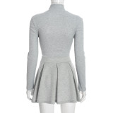 Solid Color Sport Zipper Pleated Mini Skirts 2 Piece Set GSBD-D25ST470