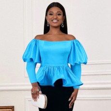 Plus Size One-Shoulder Lantern Sleeve Ruffles Blouse GKEN-AM030626
