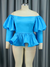 Plus Size One-Shoulder Lantern Sleeve Ruffles Blouse GKEN-AM030626