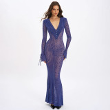 Print Flocked Mesh V Neck Maxi Dress GSBD-D25DS419