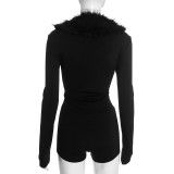 Black Zipper Long Sleeve Slim Romper GDSF-J25RP389
