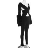 Hollow Out Patchwork Fur Sleeve Tight Jumpsuit GDSF-J25JP409
